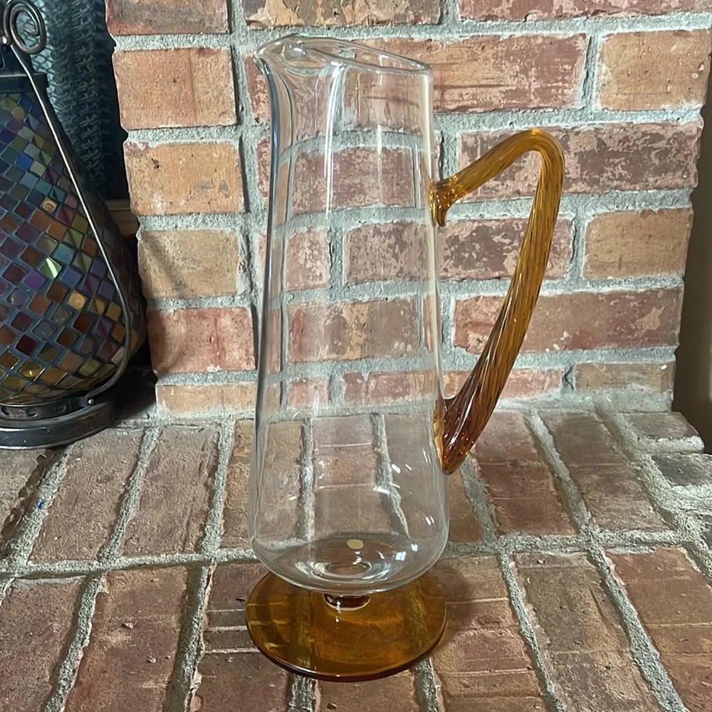 Stunning MCM Mid-Century Tall Pitcher w/ Amber Applied Glass Handle & 4 Glasses